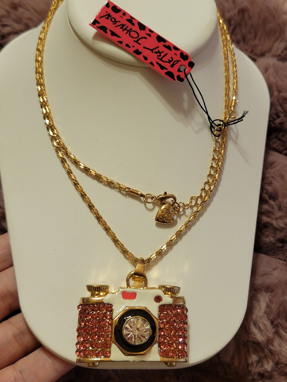 Betsey Johnson Gold Camera Pendant Necklace - Pink Crystal Accent